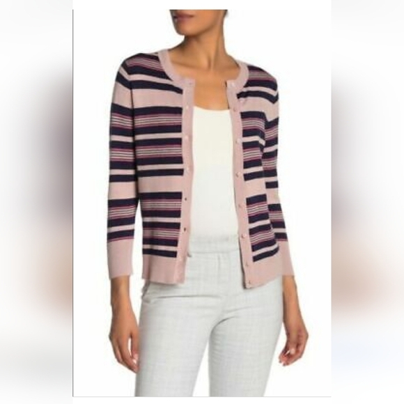 Halogen Sweaters - NWT Halogen Striped Knit Cardigan Pink Navy Button Front